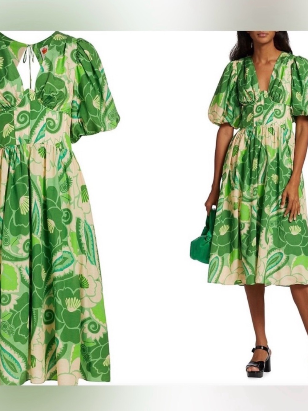 Farm Rio Green Floral Puff-Sleeve Midi Dress